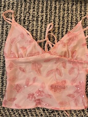 Edikted Sparkle Pink Floral Backless Tank Top Cropped Adjustable Small V Neck